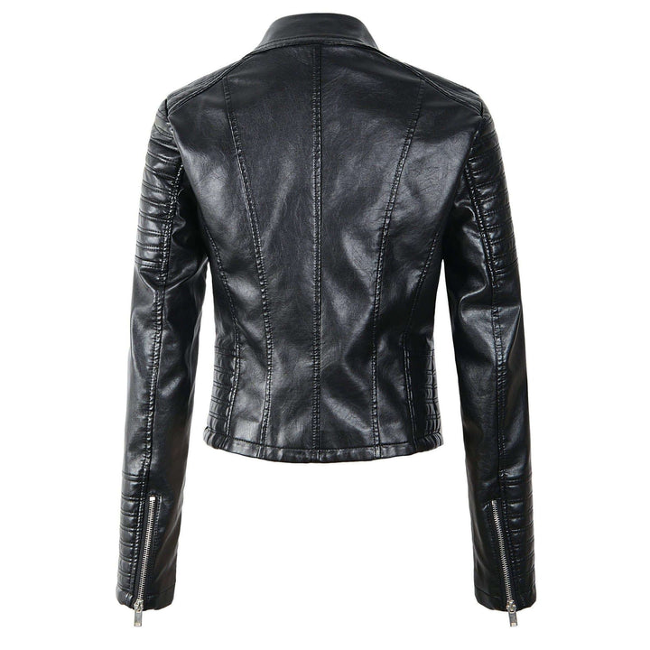 Asymmetrical black women's biker jacket, a classic style versatile for casual or fashion outerwear.