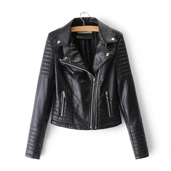 Chic black women's biker jacket with asymmetrical zip, ideal for all-season fashion outerwear.
