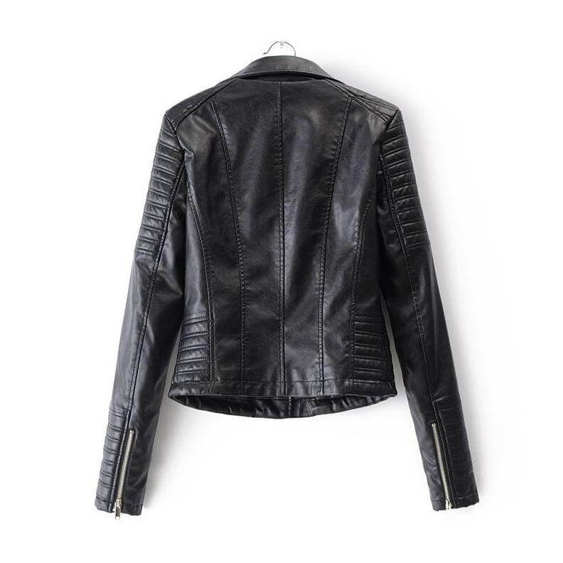 Stylish woman in a classic asymmetrical black biker jacket, versatile casual fashion outerwear.