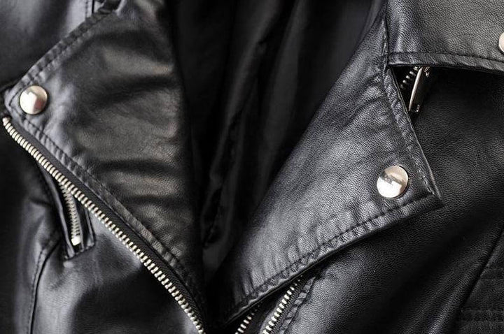Women's classic black biker jacket, asymmetrical zip, fashion outerwear, chic & versatile style.