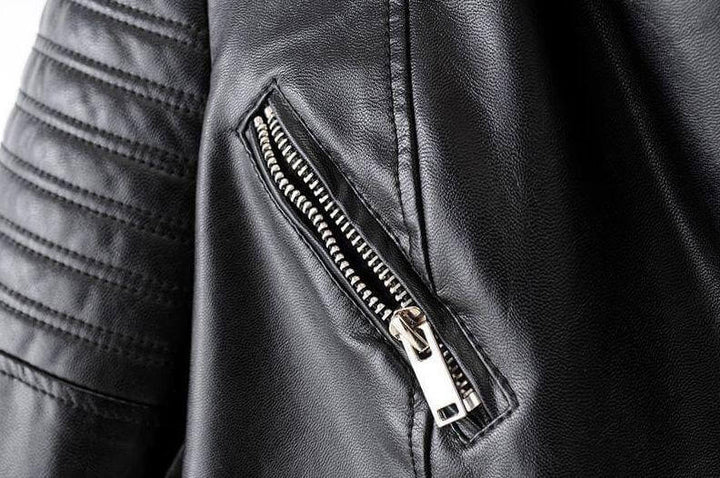 Modern women's asymmetrical black biker jacket, a classic style for versatile fashion outerwear.