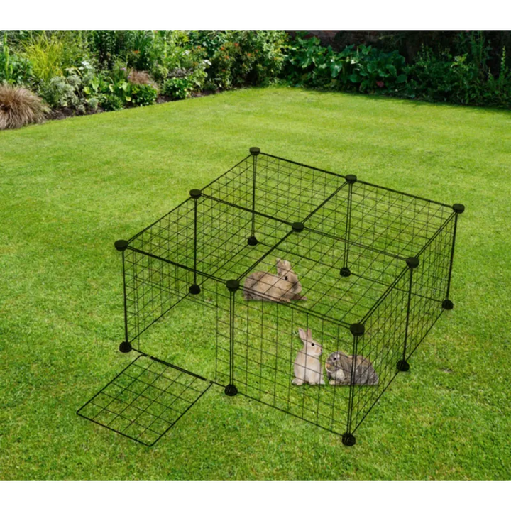 Secure 6-panel black wire dog playpen, perfect for indoor play areas or outdoor dog runs & pet safety.