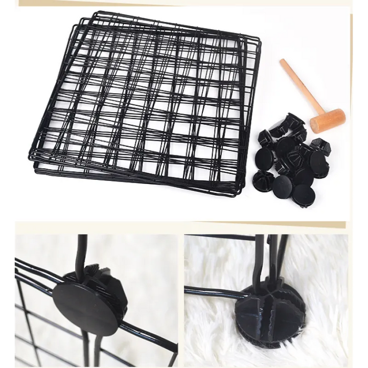 Pet's flexible black wire dog playpen with secure door, 6-panel enclosure for safe outdoor dog run.