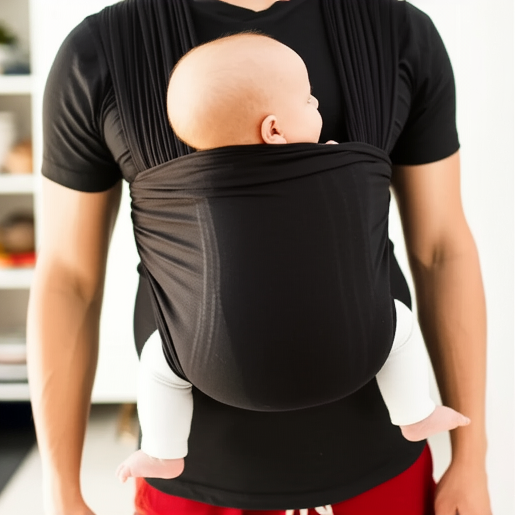 Green hands-free parent shirt with integrated baby carrier, ideal for new moms and dads.