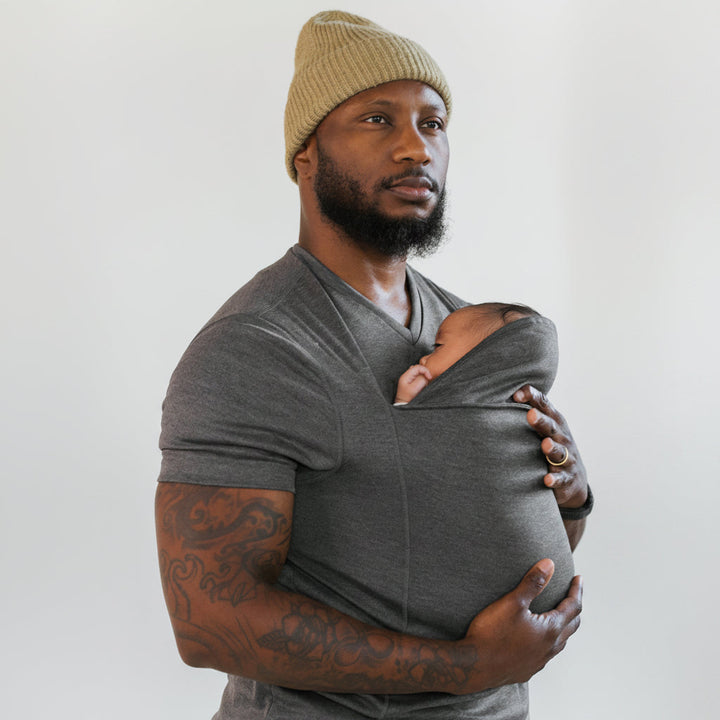 Dad shirt, hands-free baby carrier in green, comfortable for casual babywearing & bonding.
