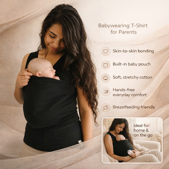 Unisex hands-free baby carrier shirt, black, with secure pouch for easy, comfortable newborn carrying.