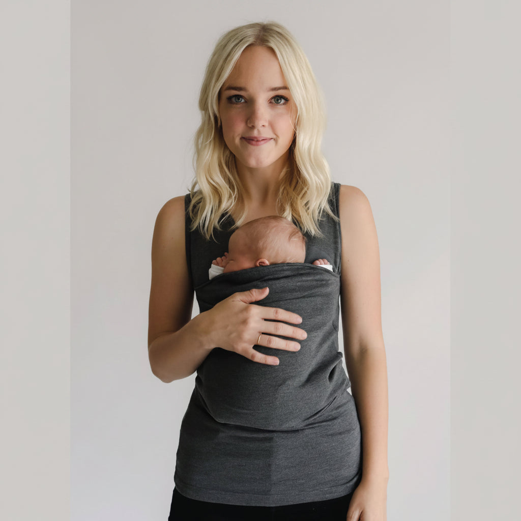 Gray & black hands-free baby carrier shirt, practical & comfortable for newborn babywearing parents.