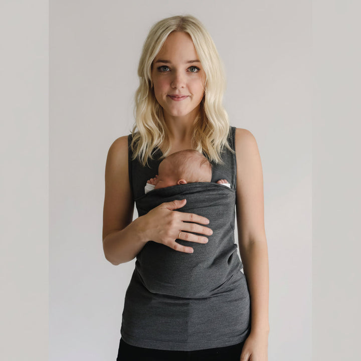 Gray & black hands-free baby carrier shirt, practical & comfortable for newborn babywearing parents.