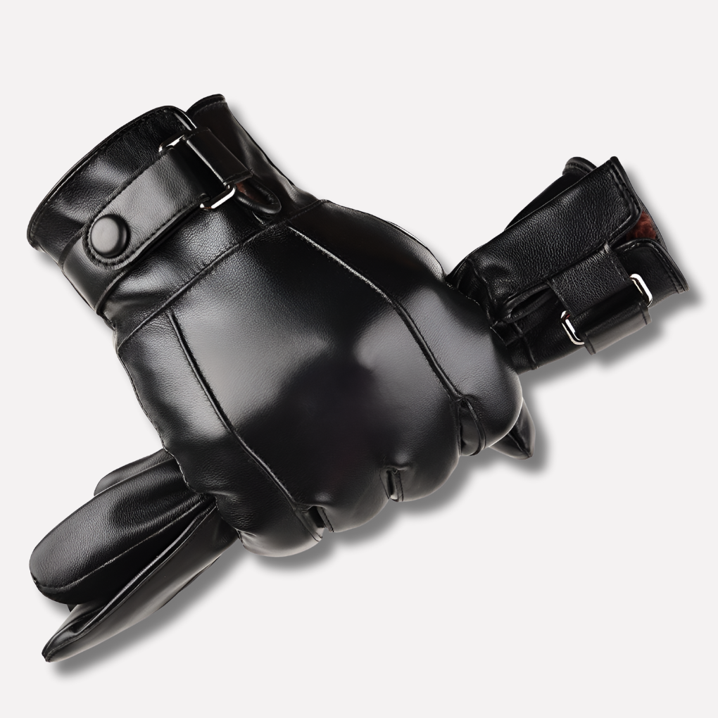 Black men's luxury leather winter gloves, insulated for warmth & cold weather driving. Stylish & durable.