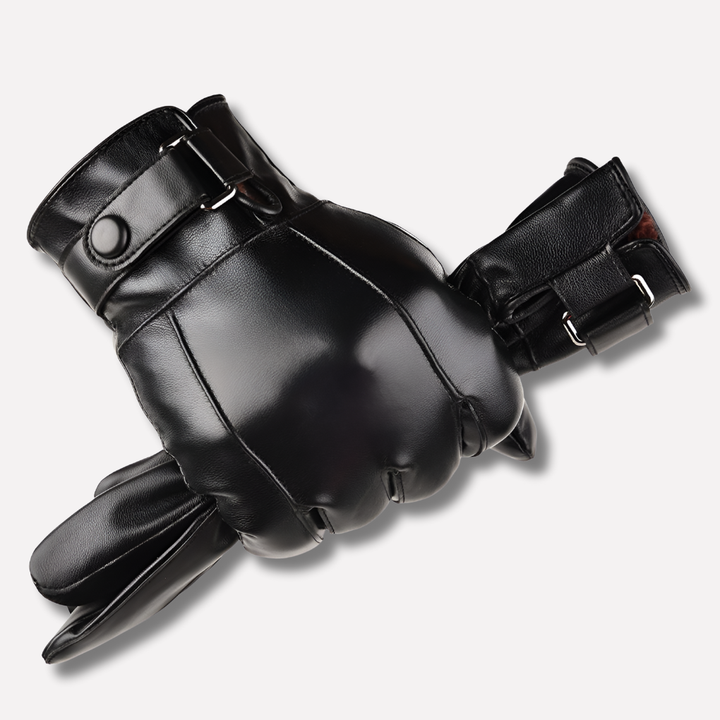 Black men's luxury leather winter gloves, insulated for warmth & cold weather driving. Stylish & durable.