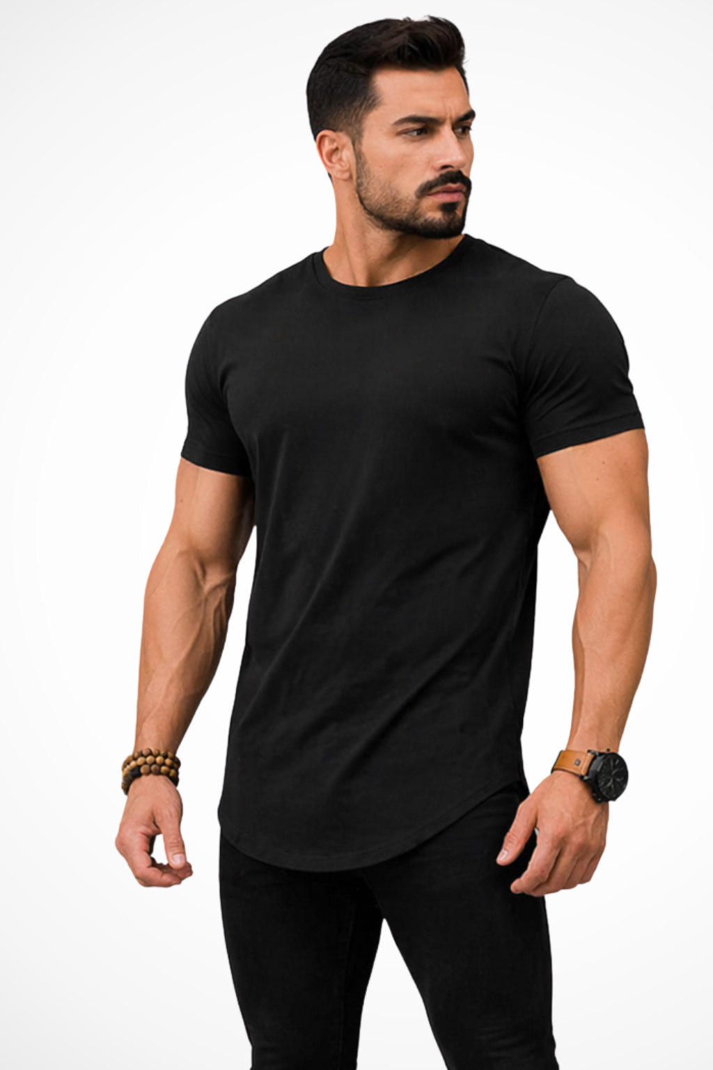 Black men's muscle fit longline t-shirt with stylish curved hem, ideal for tailored casual fashion.