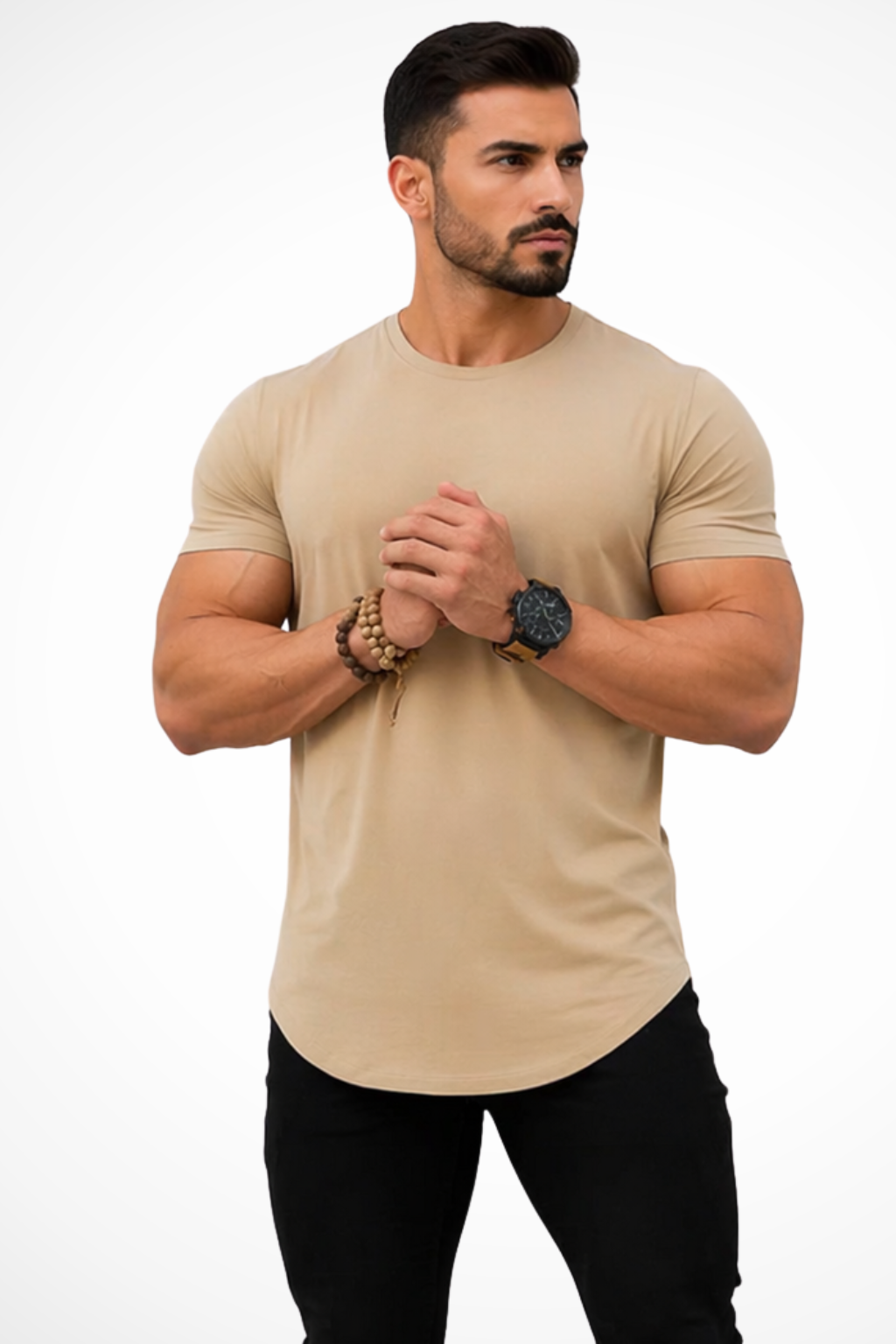 Khaki men's tailored muscle fit t-shirt with a longline design and elegant curved hem for modern fashion.