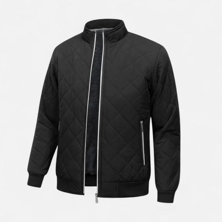 Black men's quilted winter jacket, warm & stylish for cold weather.