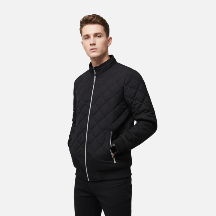 Navy full-zip men's quilted winter jacket, perfect for everyday warmth.