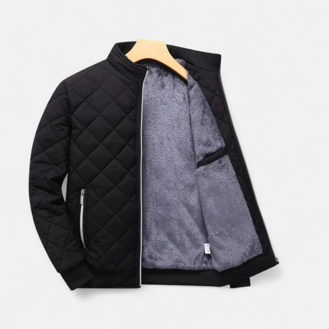 Grey stylish men's quilted fall jacket, ideal everyday cold weather wear.