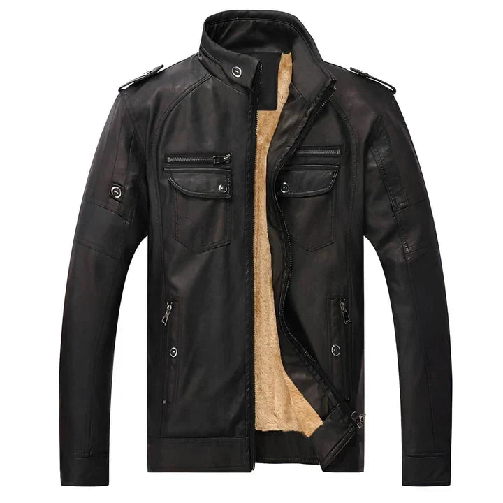 Black men's slim fit biker jacket, modern style, perfect casual outerwear for mens fashion.