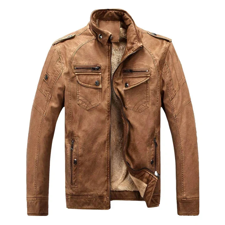 Brown slim fit biker jacket for men, featuring a stylish stand collar. Comfortable fashion outerwear.