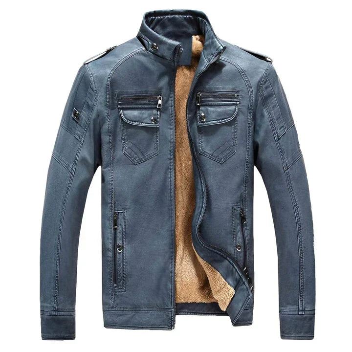 Blue men's slim fit biker jacket, modern and comfortable casual outerwear. Ideal for everyday fashion.