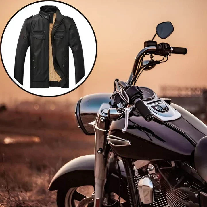 Close-up of a men's slim fit biker jacket, showcasing the tailored cut and classic biker details.