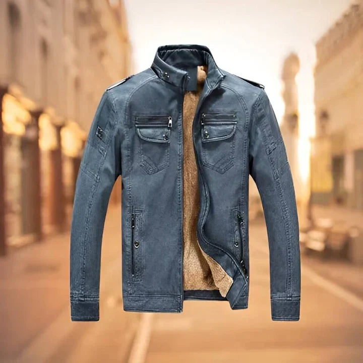 Stylish men's biker jacket with a stand collar, slim fit design, and comfortable feel. Modern fashion outerwear.
