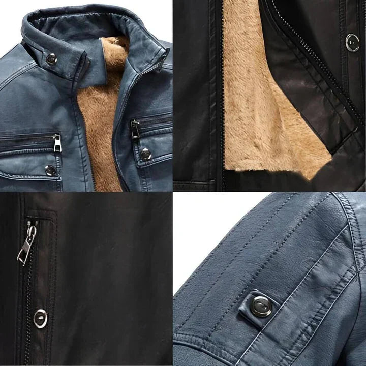 Assortment of men's slim fit biker jackets in black, brown & blue. Modern casual outerwear fashion.