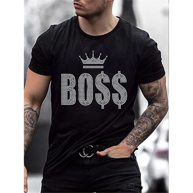 Black men's slim fit graphic tee with sparkling rhinestone crown logo, perfect for streetwear style.