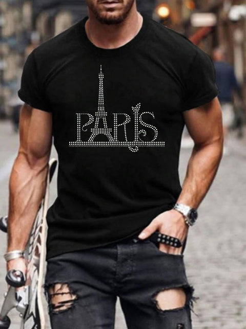 Designer-inspired men's black graphic t-shirt with a dazzling rhinestone crown, slim fit, short sleeve.