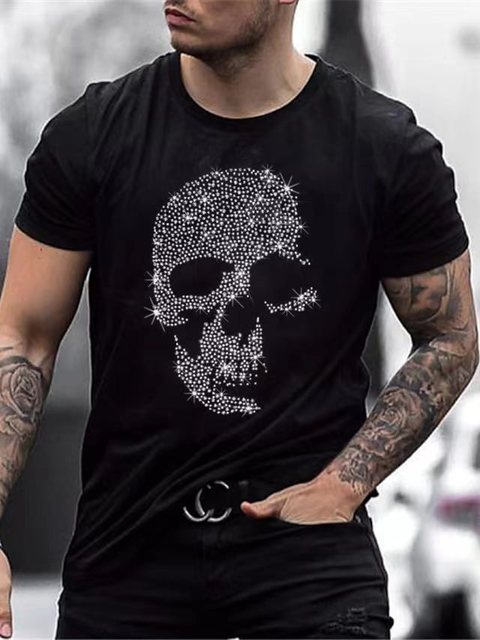 Men's casual black tee with a sophisticated rhinestone crown logo and a contemporary slim fit.