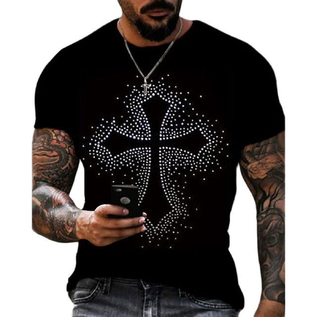 Streetwear men's t-shirt: black, slim fit, with a sparkling rhinestone crown graphic, short sleeve.