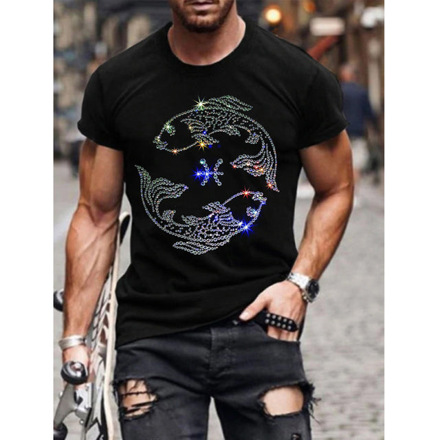 Stylish men's black t-shirt featuring a shimmering rhinestone crown graphic, slim fit, short sleeve.