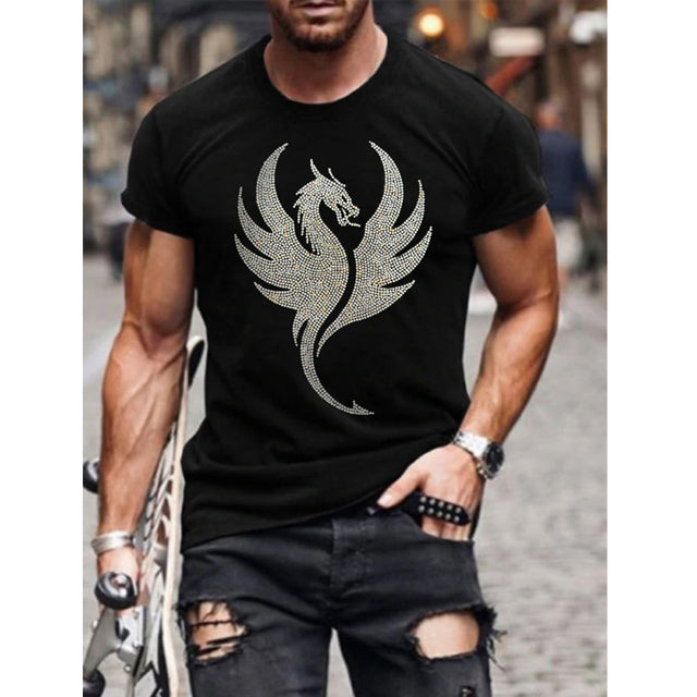 Casual men's graphic tee with a prominent rhinestone crown logo, black color, ideal for fashion-forward men.