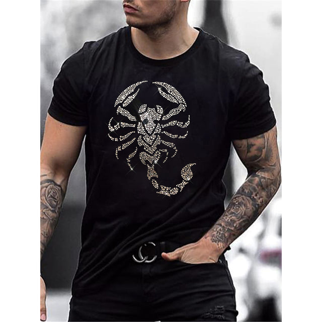 Modern men's short sleeve t-shirt, black with a unique rhinestone crown emblem, slim fit, casual.