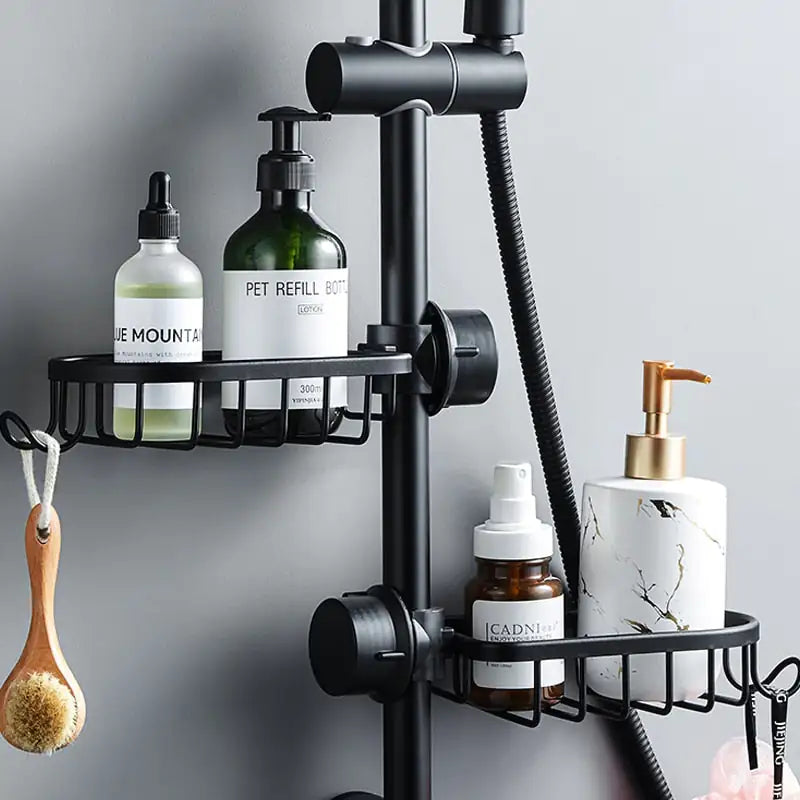 Black metal shower caddy with 2 shelves and integrated hooks, perfect for organizing bathroom essentials.