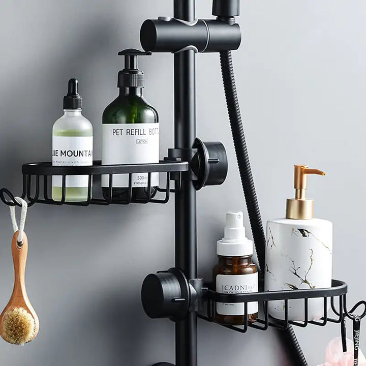 Black metal shower caddy with 2 shelves and integrated hooks, perfect for organizing bathroom essentials.