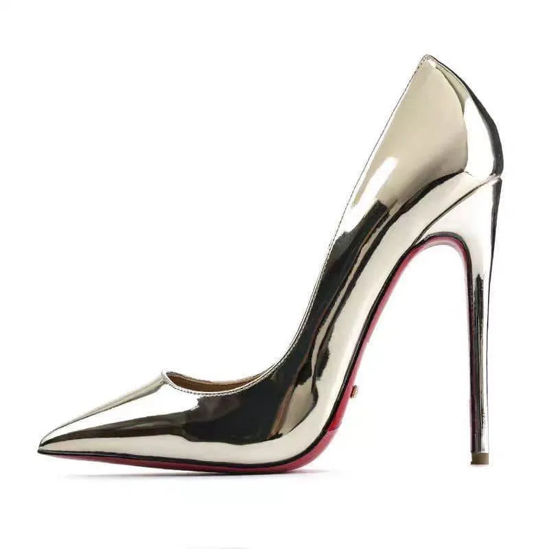 Elegant women's evening shoes featuring patent material and a sharp pointed toe.