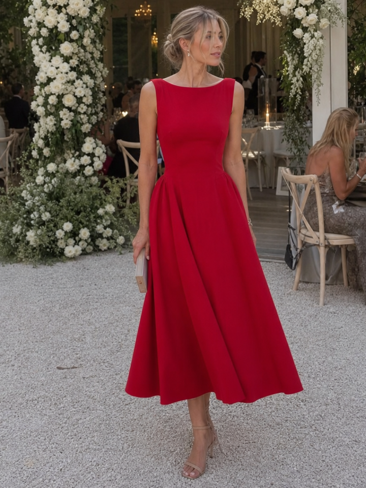 Black sleeveless crew neck fitted midi dress for women, elegant cocktail, party & office wear.