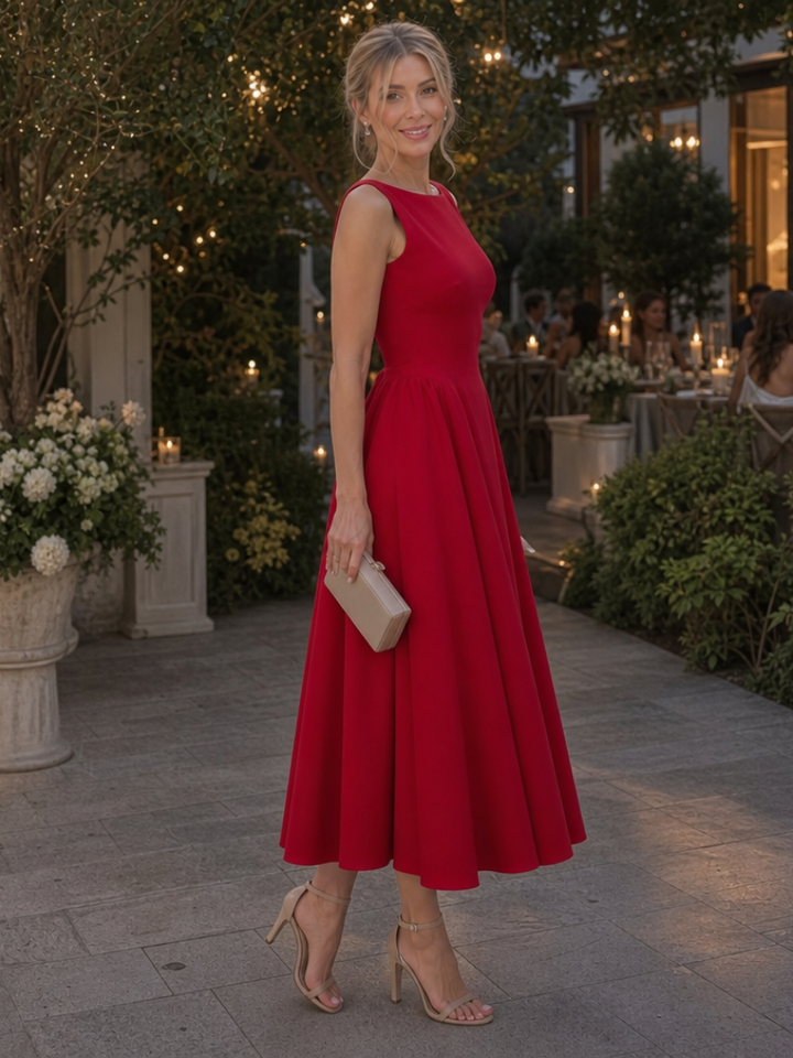 Elegant red sleeveless fitted midi dress for women, perfect for date night, formal events & occasion wear.