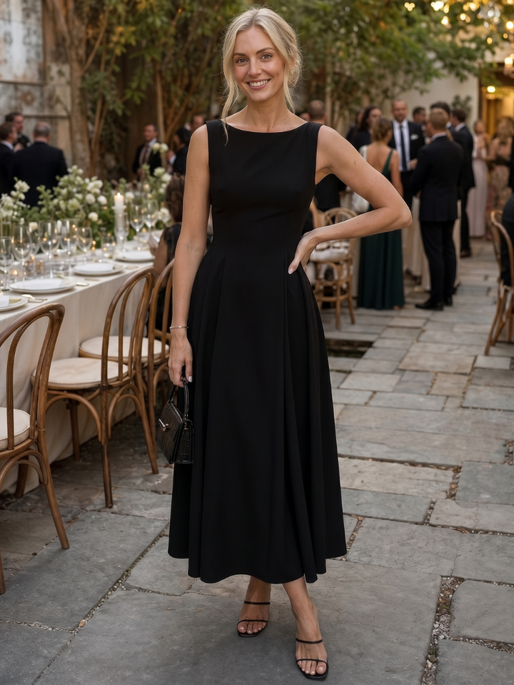 Stylish women's sleeveless fitted midi dress, crew neck design, perfect for cocktails, parties & elegant events.