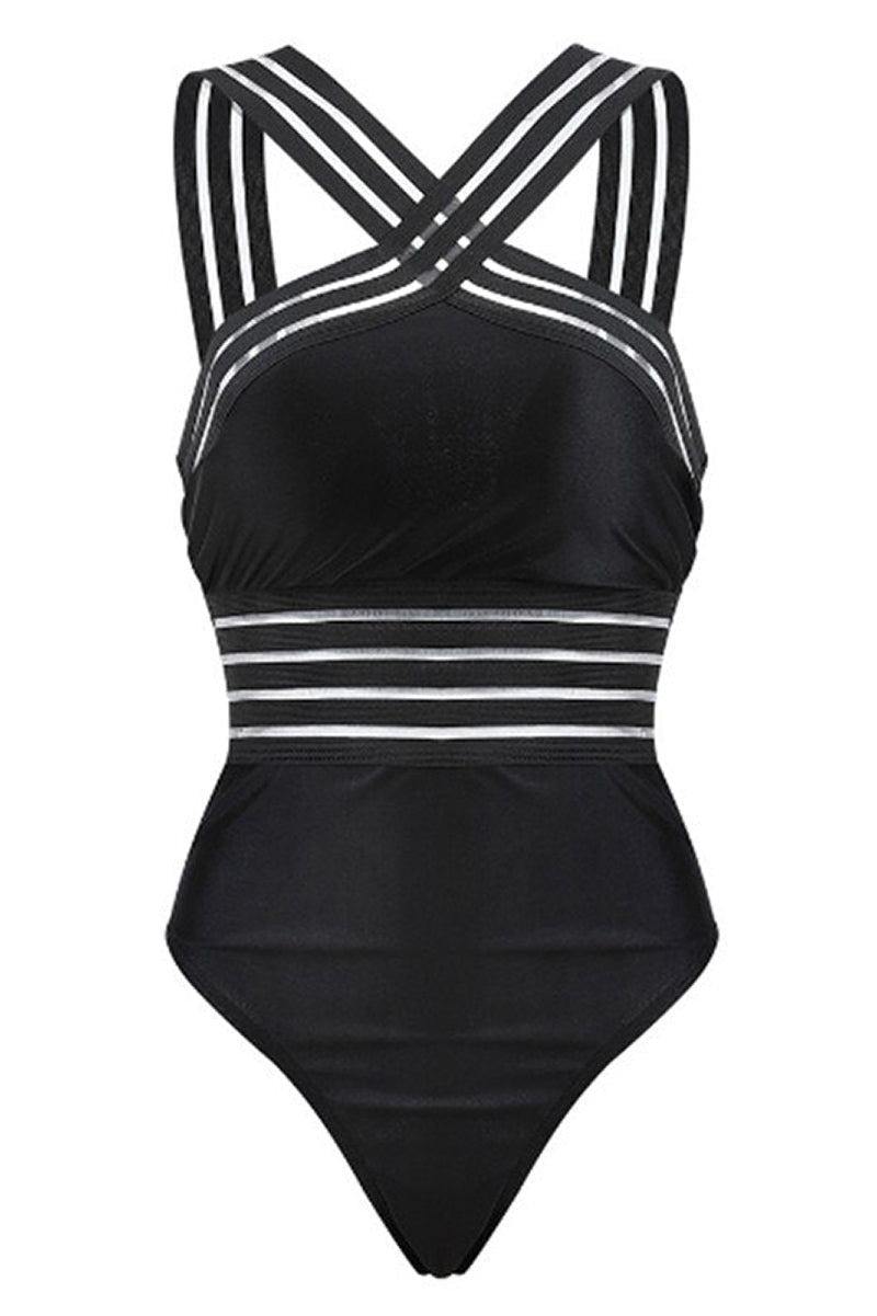 Chic red monokini swimsuit, flattering strappy crossed one-piece for resort.
