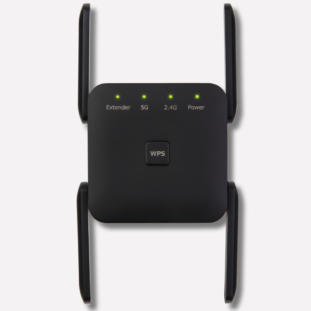 Black UltraXtend 5G WiFi Booster, high-speed wireless range extender for home & office, boosting internet speed & signal.