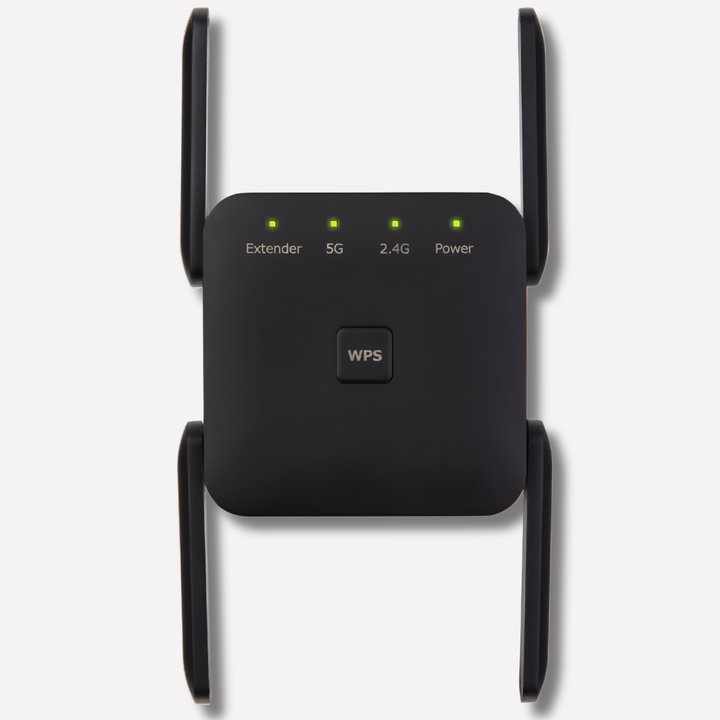 Black UltraXtend 5G WiFi Booster, high-speed wireless range extender for home & office, boosting internet speed & signal.