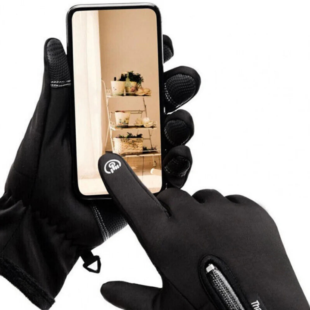 Electric heated touchscreen winter gloves, black, providing warmth & smartphone use for outdoor activities.