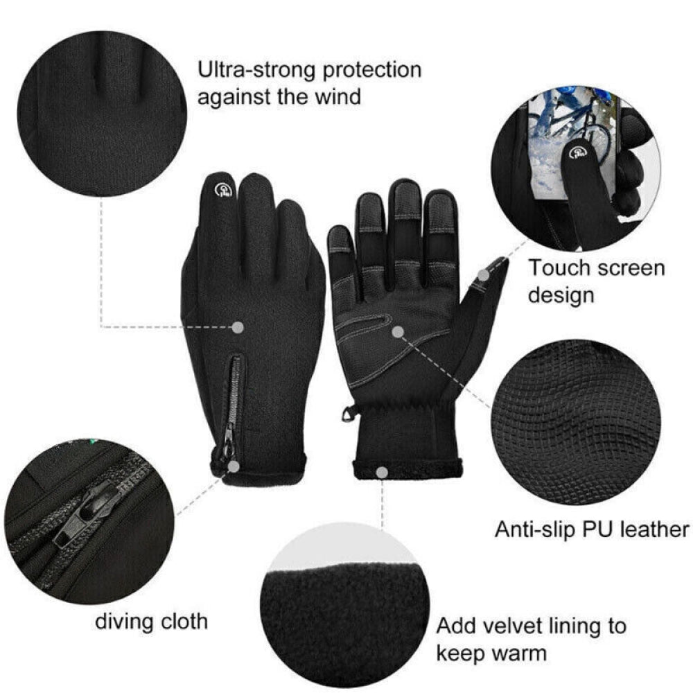 Durable black waterproof & thermal electric gloves, unisex design, ideal for cold outdoor adventures & sports.