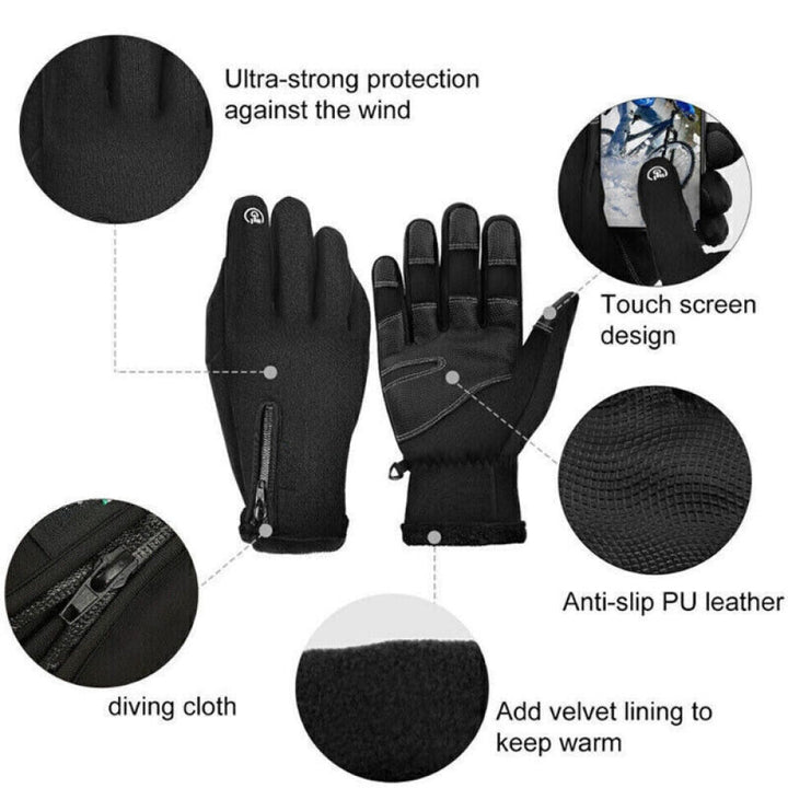 Durable black waterproof & thermal electric gloves, unisex design, ideal for cold outdoor adventures & sports.