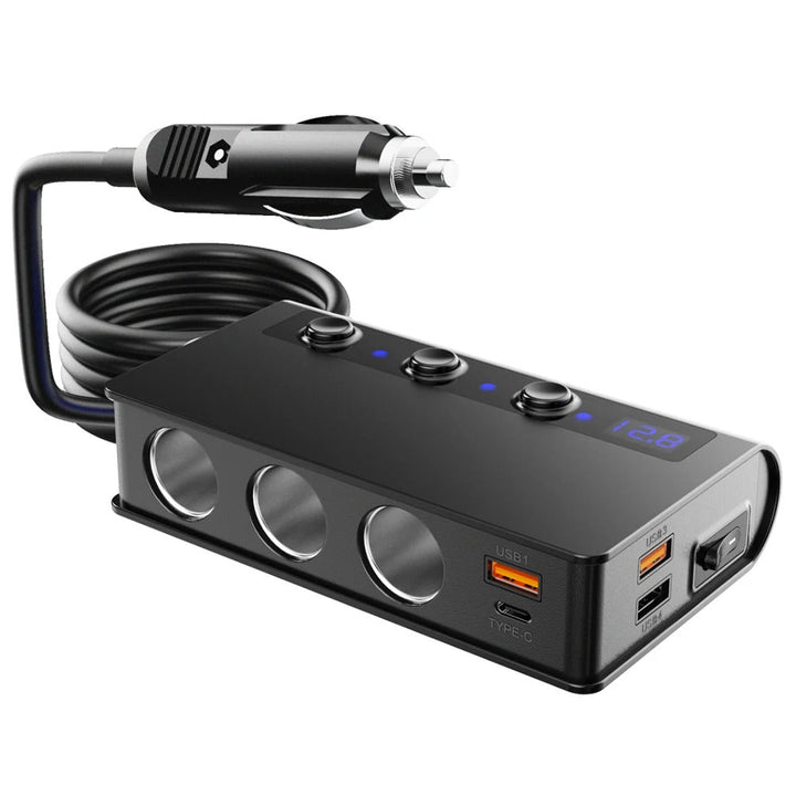 Black universal 4-port fast USB car charger adapter with cigarette lighter socket for vehicle electronics.