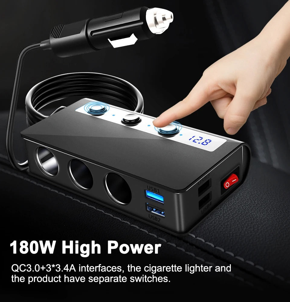 Multi-port quick charge car adapter with 4 USB ports & lighter socket, perfect for road trip power.