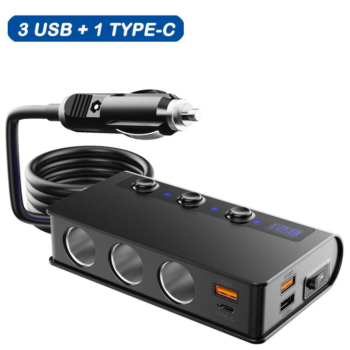 Compact universal car charger with 4 fast USB ports, including Type C, and a 12V lighter socket.