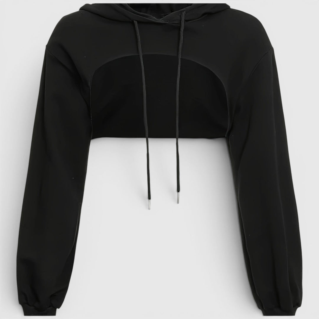 Women's black cropped hooded sweatshirt with long sleeves, a comfortable casual pullover.