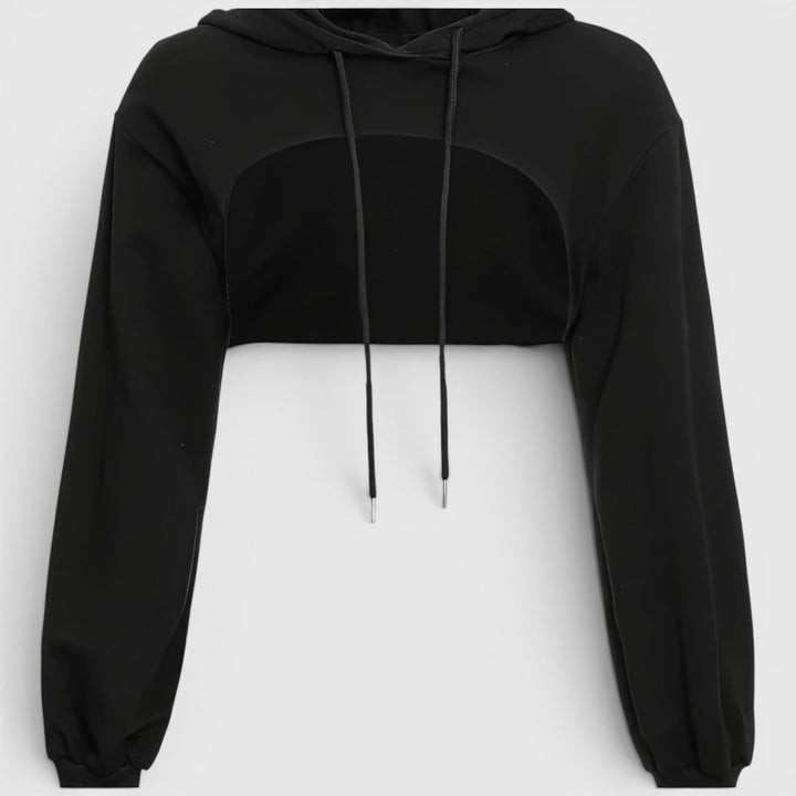 Women's black cropped hooded sweatshirt with long sleeves, a comfortable casual pullover.