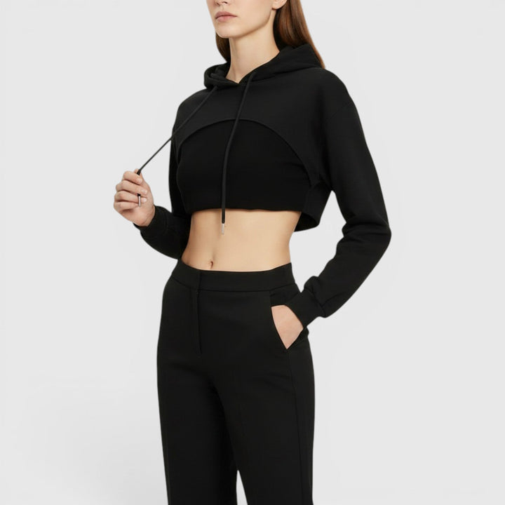 Casual women's cropped hoodie, black long-sleeve pullover, ideal for everyday spring & fall fashion.